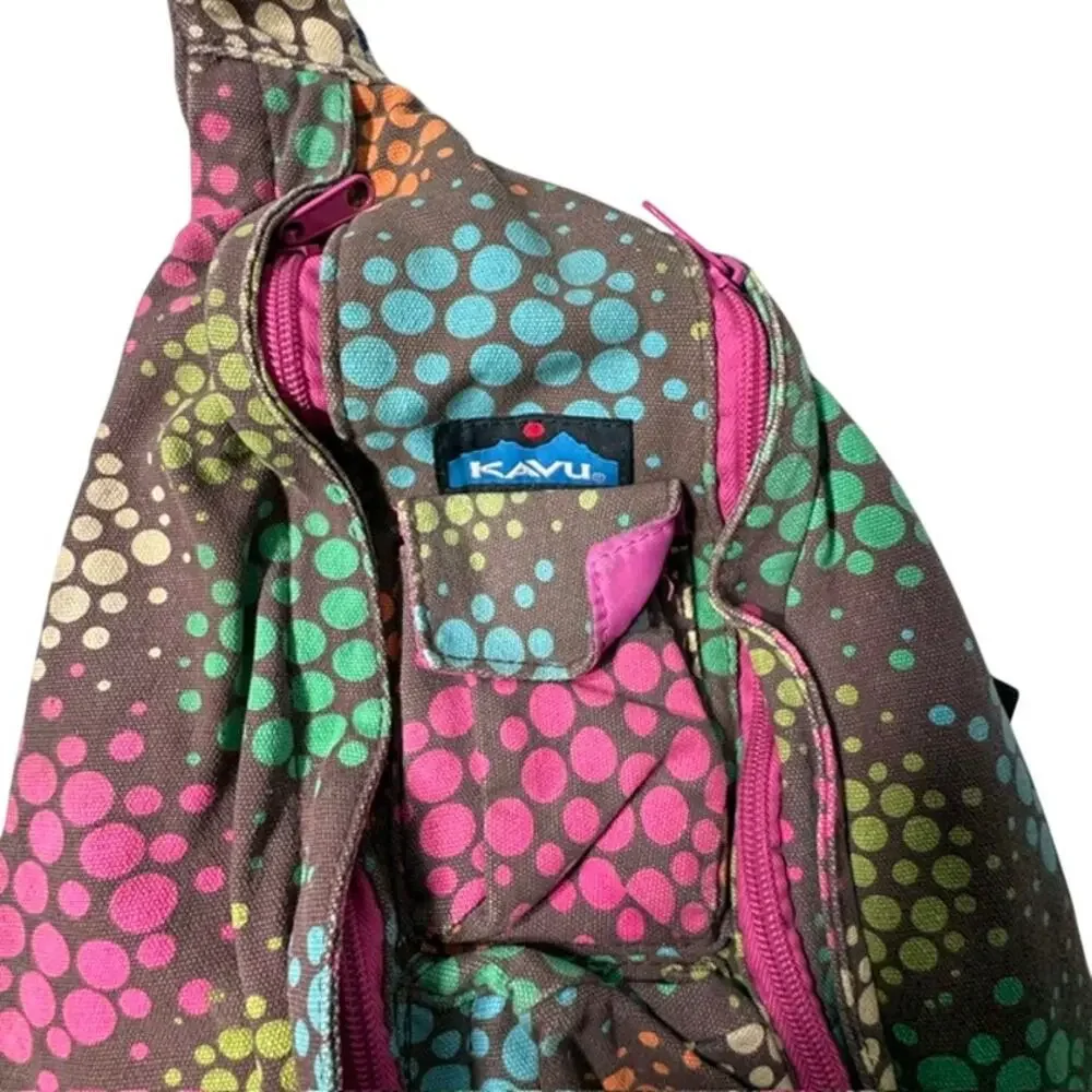 KAVU Rope Bag Sling Backpack Brown Multi Dot Canvas Crossbody Travel Hiking OS